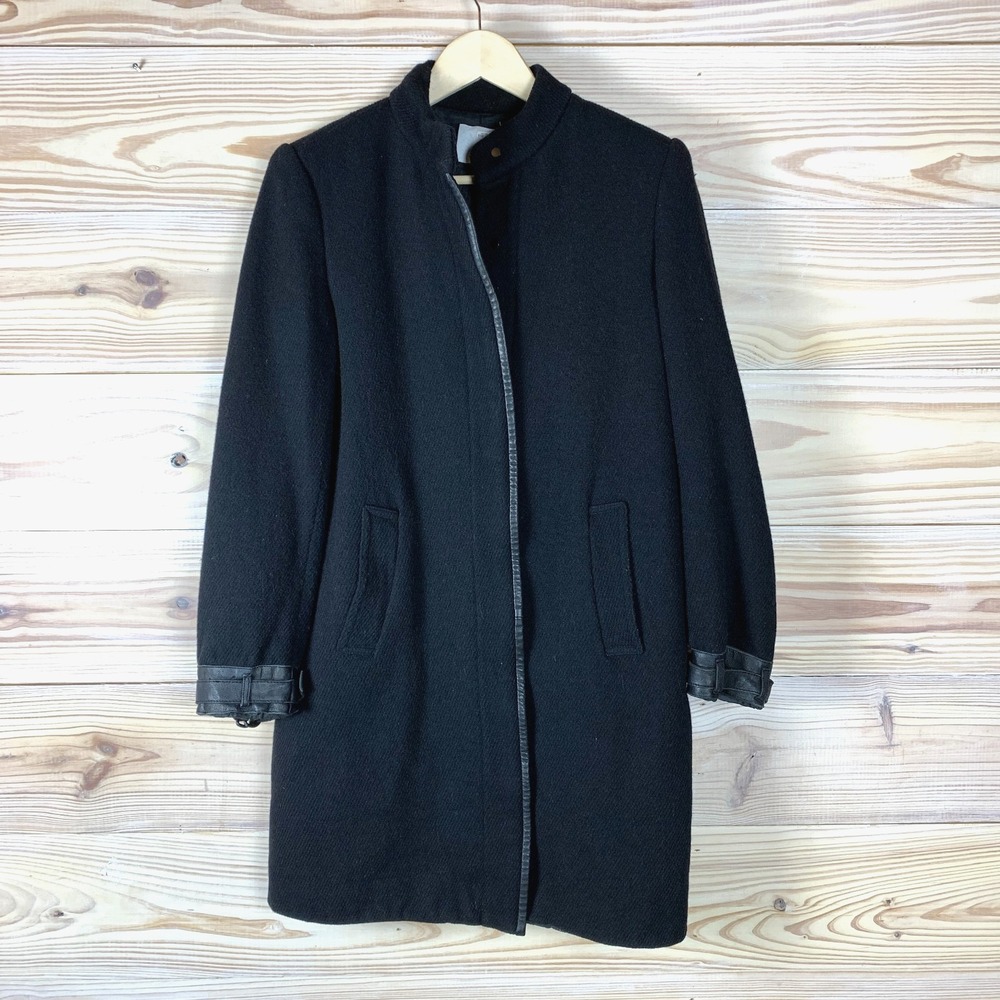 VINCE. Coat Womens 4 Tweed Wool Lamb‎ Leather Mid Length Mandarin Collar Minimal